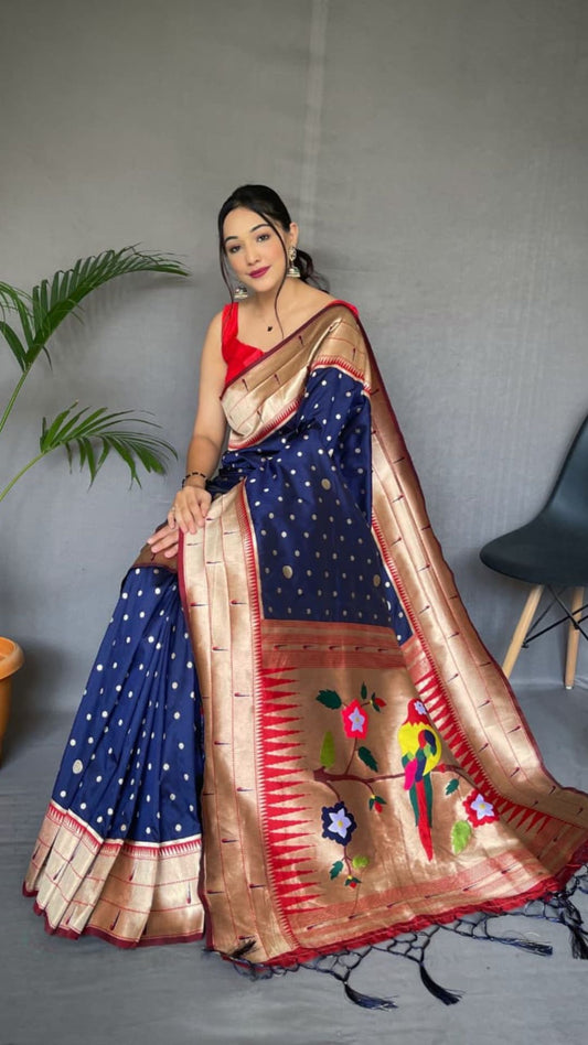 Navy Blue Paithani Soft Silk Saree with Rich Gold Zari Border & Woven Pallu