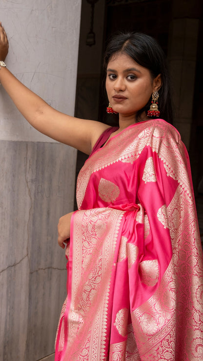 Neon Deep Pink Katan Mashru Silk Saree