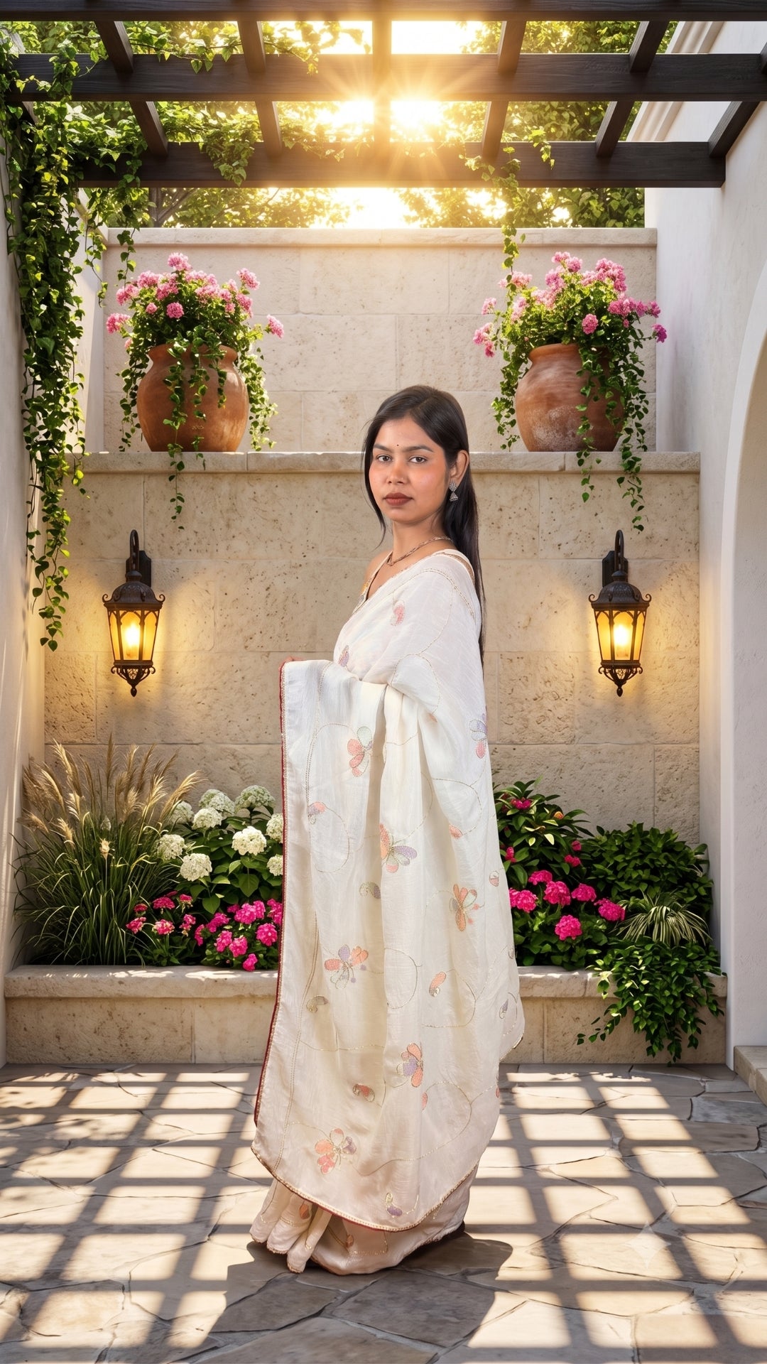 Elegant Ivory Floral Embroidered Saree with Contrast Border