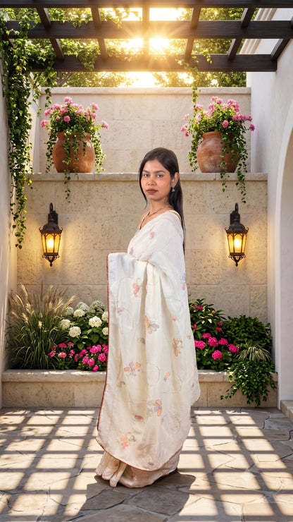 Elegant Ivory Floral Embroidered Saree with Contrast Border