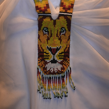 Regal Roar Boho Statement Necklace – Multicolor Woven Seed Beads & Lion Design