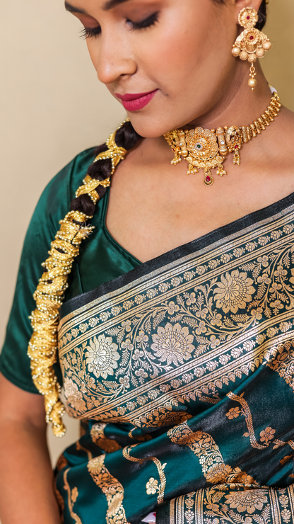 Exquisite Banarashe Katan Silk Saree in Peacock Teal with Intricate Zari Work