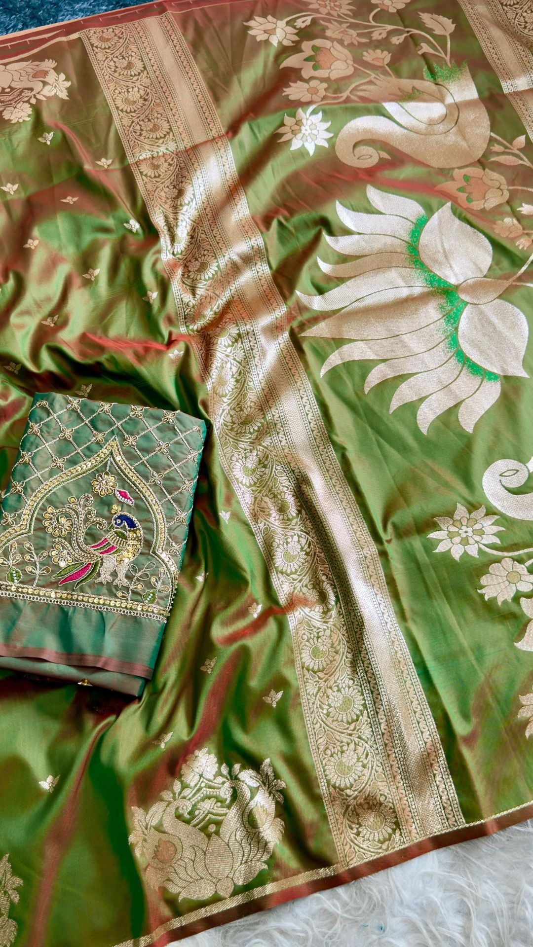Dual Tone Olive Paithani Saree with Rich Zari & Designer Aari Work Blouse