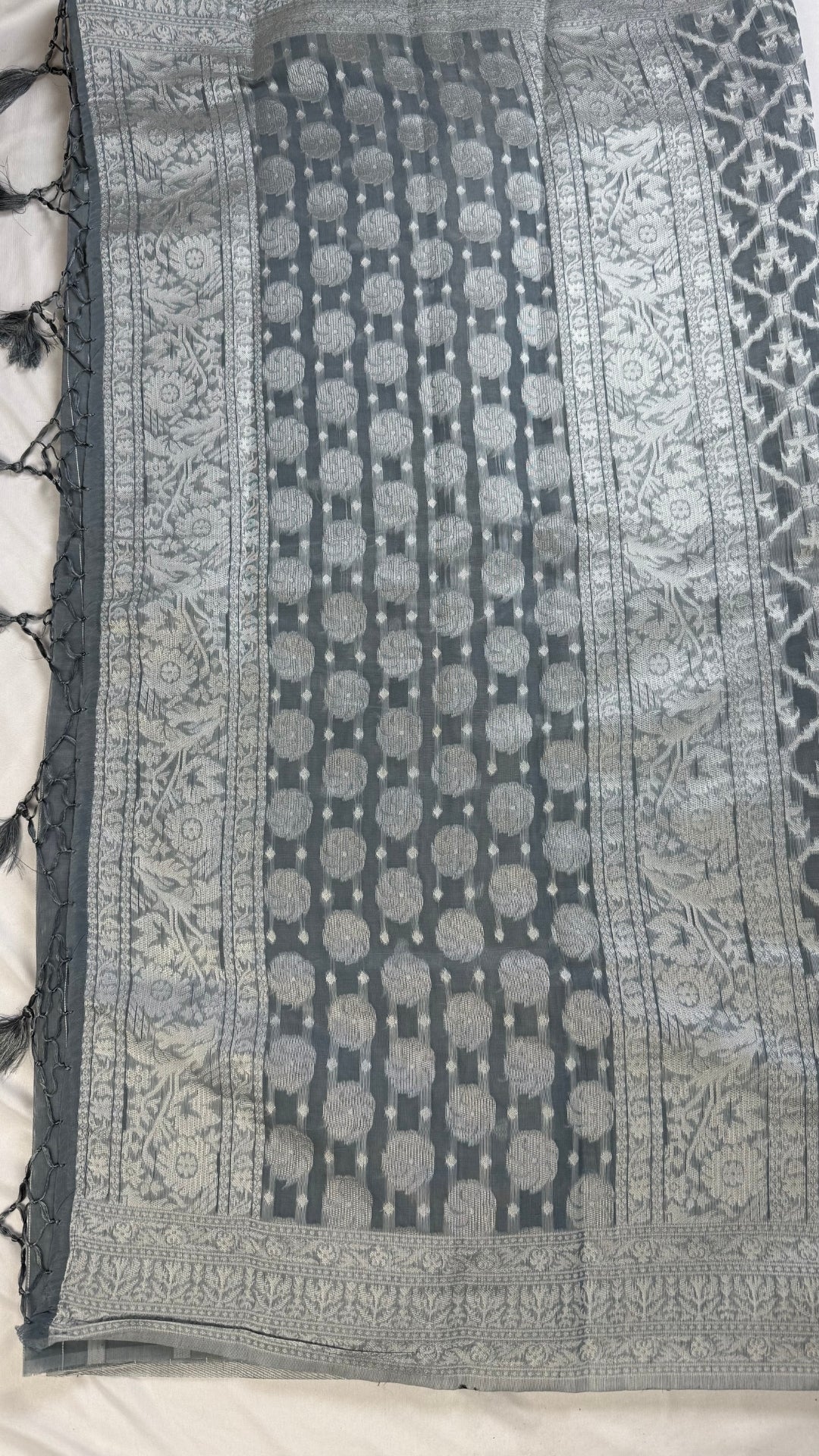 banarashe Grey & White Handloom Banarasi Cotton Saree with Tribal & Animal Motifs