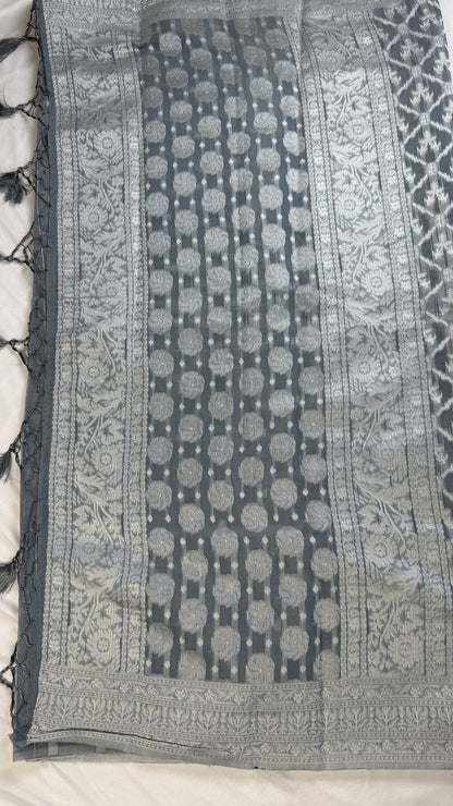 banarashe Grey & White Handloom Banarasi Cotton Saree with Tribal & Animal Motifs