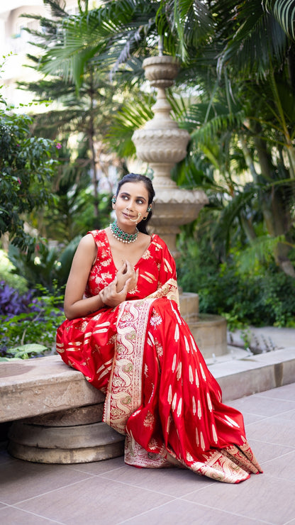 Bridal Blaze Red Banarasi Saree with Gold Woven Motifs