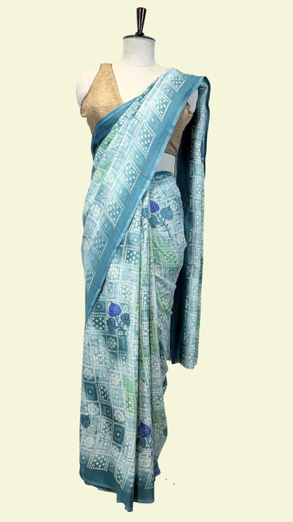 Floral Teal Geometric Synthetic Saree
