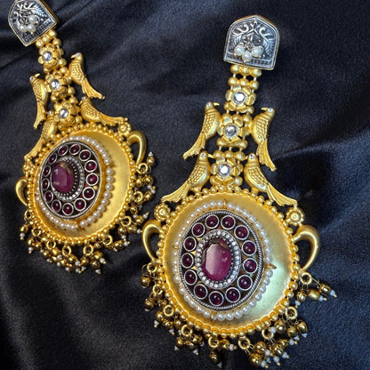 Antique Gold Bird Design Earrings for Women  Temple Jewellery Long Earrings kashmiri jhumka