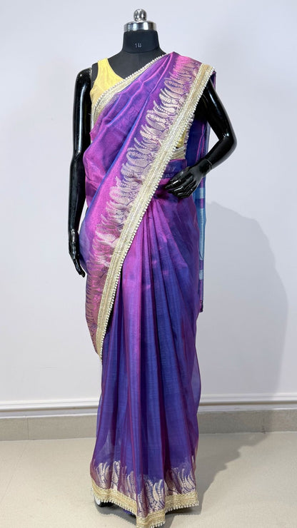 Purple Tissue Saree with Rich Zari Border & Moti Lace