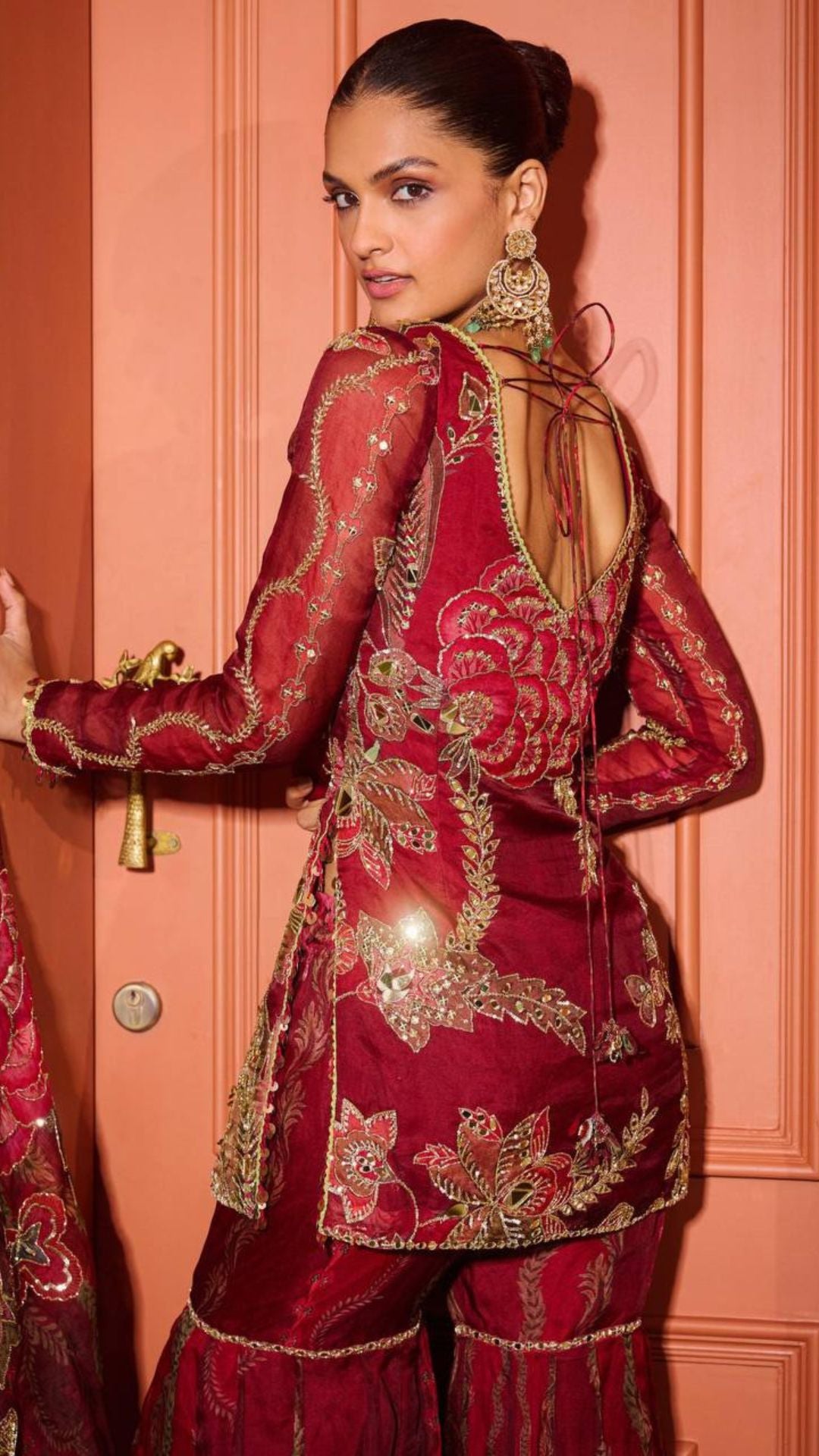 Red Organza Embroidered Short Kurti with Sharara & Dupatta – Sequence & Mirror Work 3 Piece Set