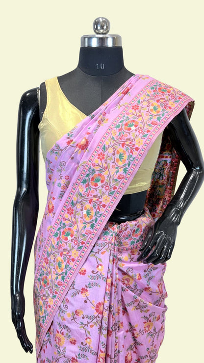 Lavender Banarasi Cotton Saree with Floral Meenakari Weaving