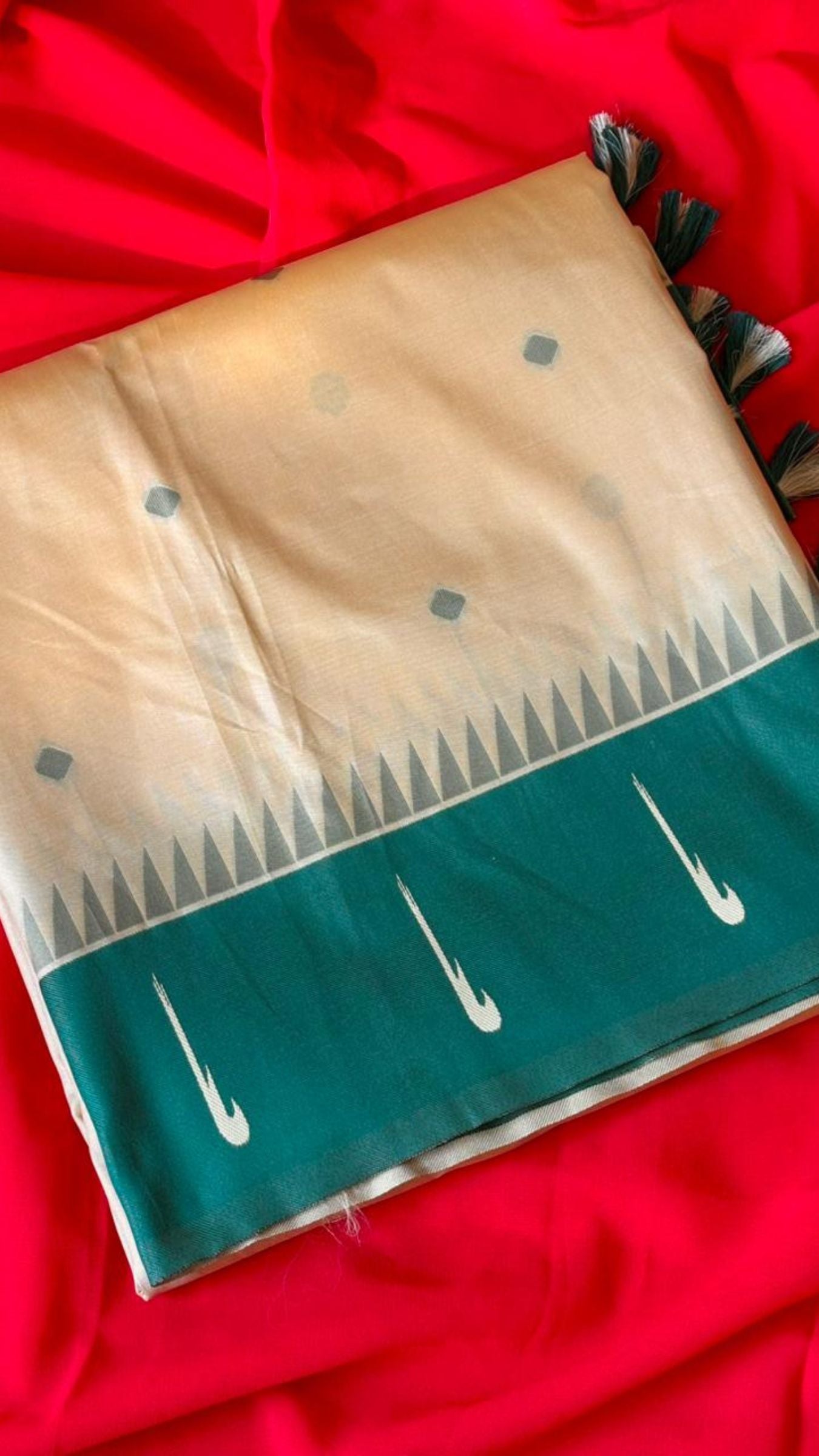 Cream & Mustard Silk Saree with Traditional Dark Green Zari Pallu