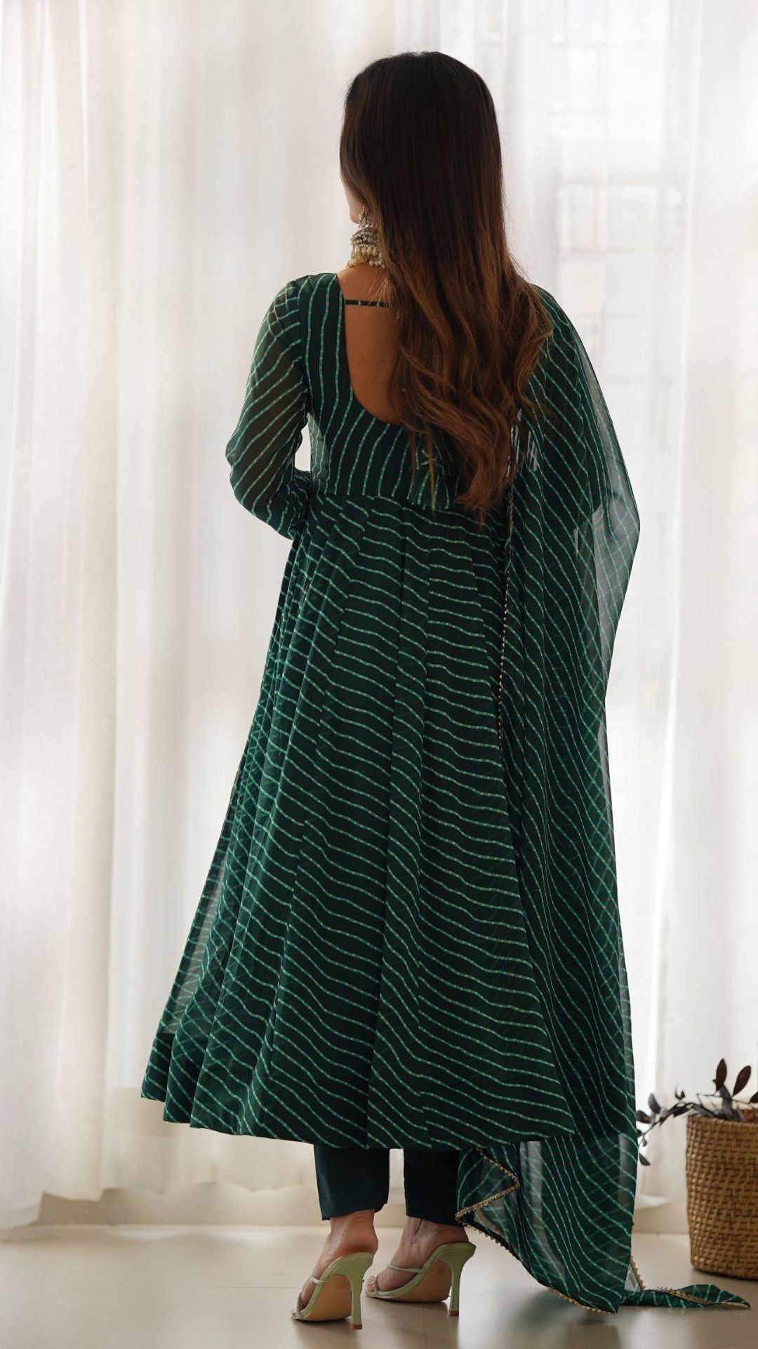 Bottle Green Laheriya Print Anarkali Suit Set with Dupatta