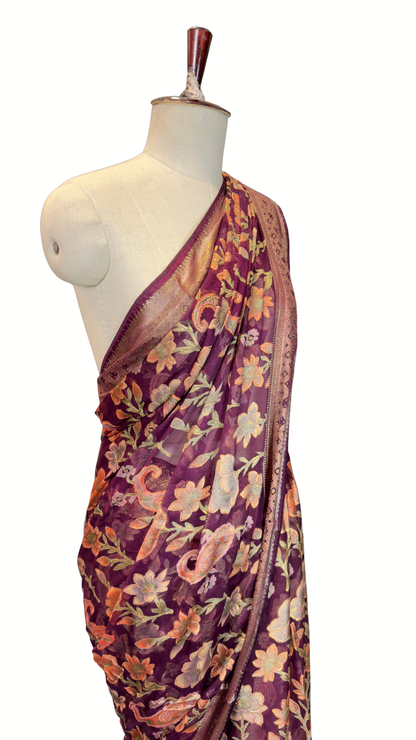 BanaraShe Wine Purple Floral Printed Saree with Multicolour Flowers & Paisley Motifs