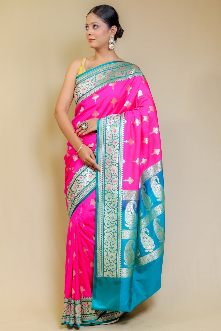 Banarashe Rani Pink & Peacock Blue Designer Banarasi Kataan Satian Silk Saree
