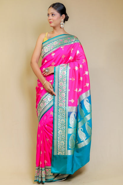 Banarashe Rani Pink & Peacock Blue Designer Banarasi Kataan Satian Silk Saree
