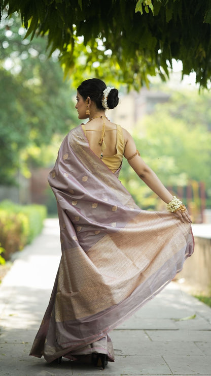 Pure Silk Handloom Kadhwa Zari Booti Saree – Rose Taupe Elegance