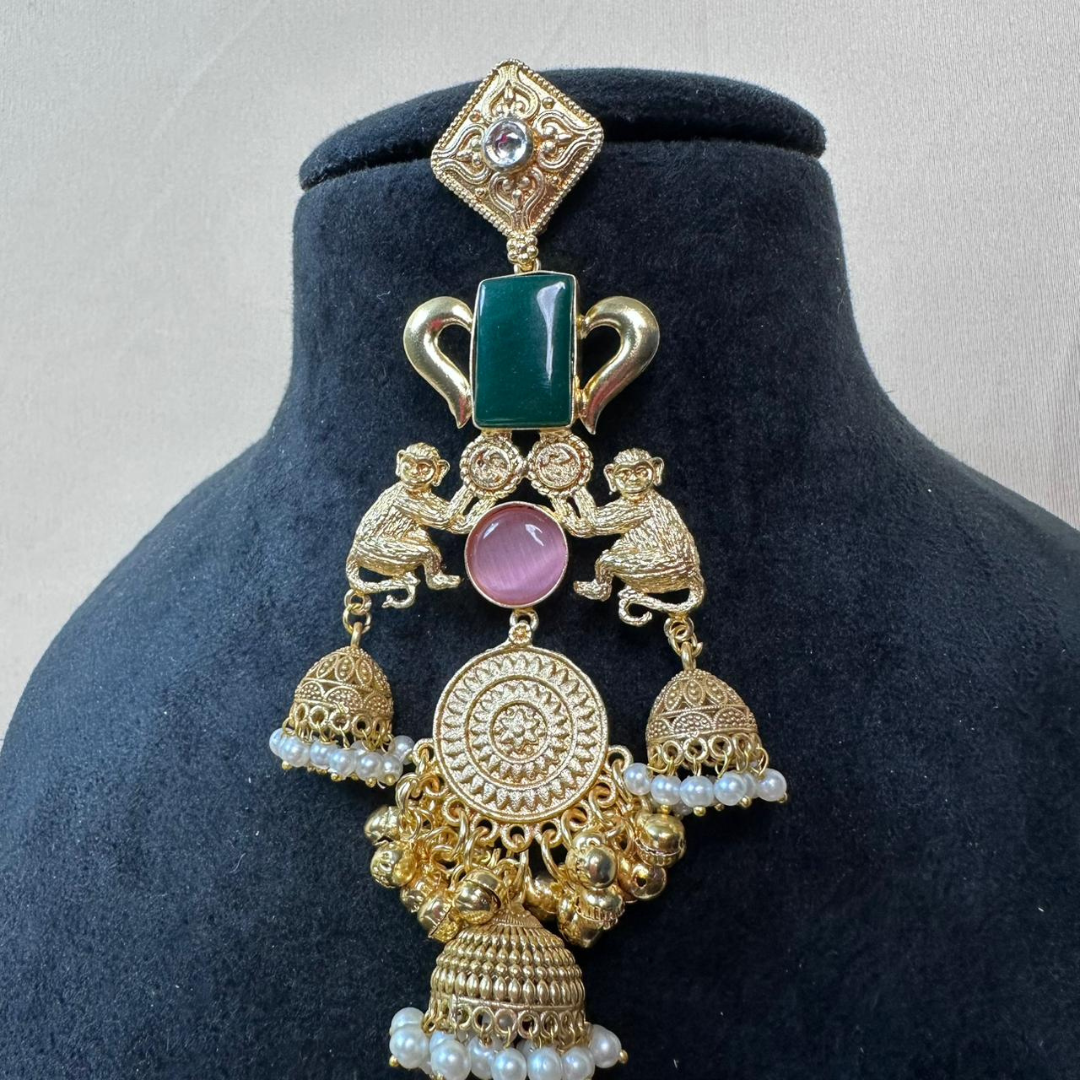 Banarashe Temple Heritage Earrings Green & Pink Gemstone Brass Danglers