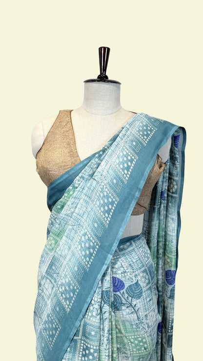 Floral Teal Geometric Synthetic Saree