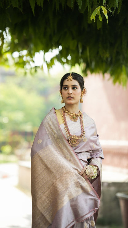 Pure Silk Handloom Kadhwa Zari Booti Saree – Rose Taupe Elegance