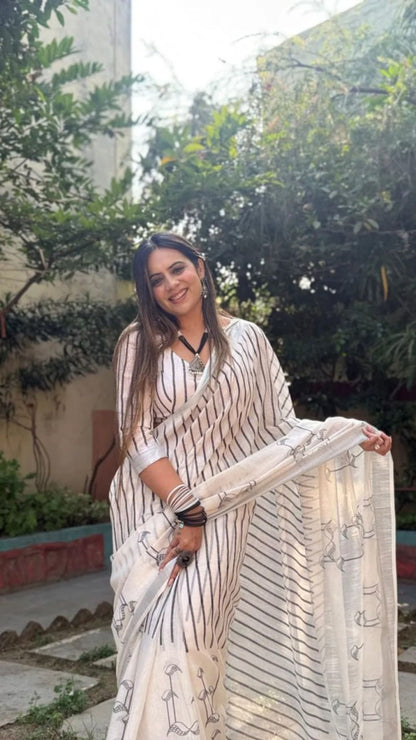 Off-White & Black Bird Print Linen Saree – Silver Zari Edition