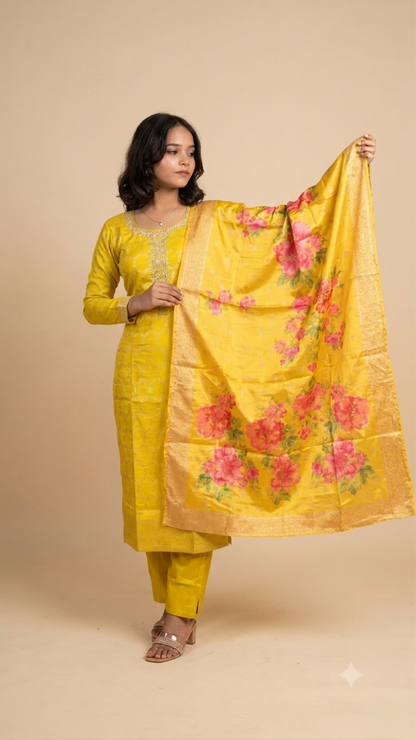Premium Bright Yellow Embroidered Straight Kurta With Floral Dupatta Set