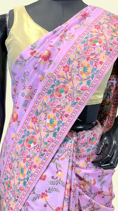 Lavender Banarasi Cotton Saree with Floral Meenakari Weaving