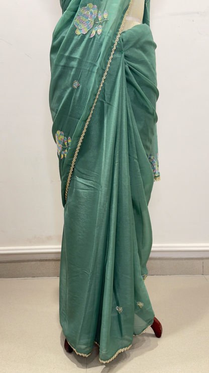 Banarashe Green Embroidered Saree with Multicolour Floral Motifs & Delicate Gold Lace Border