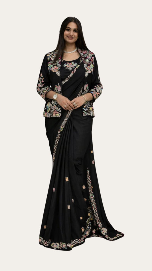 Ready-to-Wear Black Saree Set with Intricate Embroidery Jacket