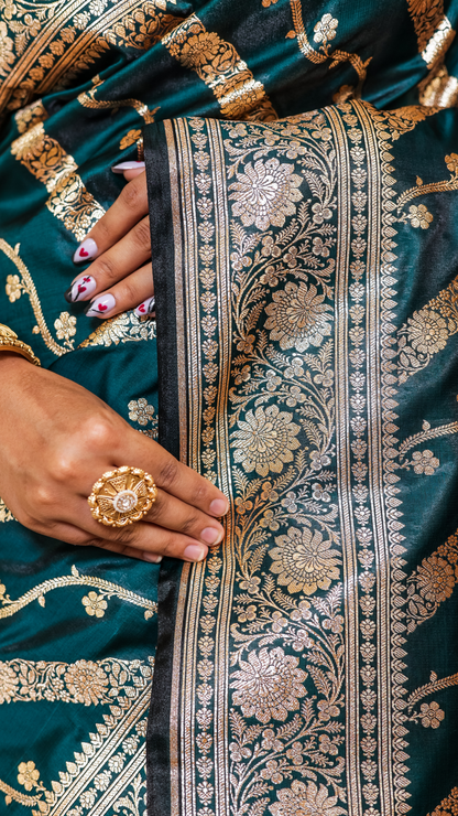 Exquisite Banarashe Katan Silk Saree in Peacock Teal with Intricate Zari Work