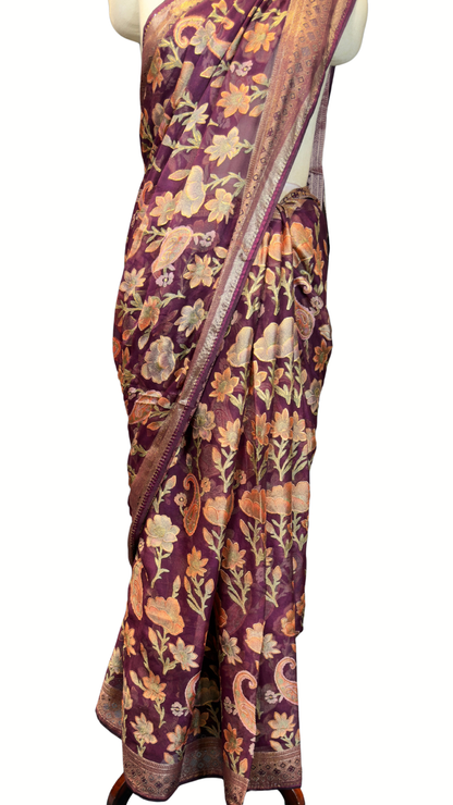BanaraShe Wine Purple Floral Printed Saree with Multicolour Flowers & Paisley Motifs