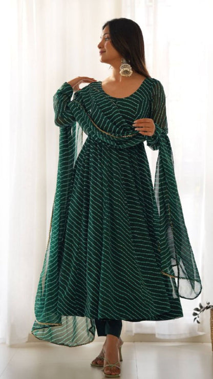 Bottle Green Laheriya Print Anarkali Suit Set with Dupatta