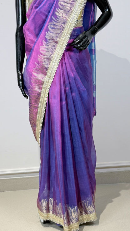 Purple Tissue Saree with Rich Zari Border & Moti Lace