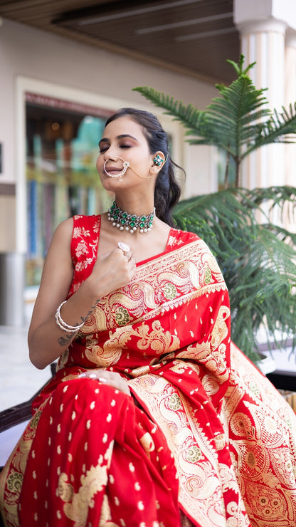 Bridal Blaze Red Banarasi Saree with Gold Woven Motifs