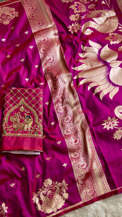 Rani Pink Paithani Silk Saree with Peacock Motifs & Aari Blouse
