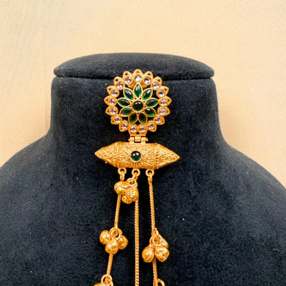 Gold Plated Jhumka Earrings with Green Stone