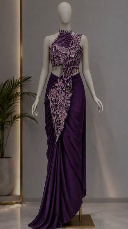 Purple Embroidered Ready-to-Wear Saree