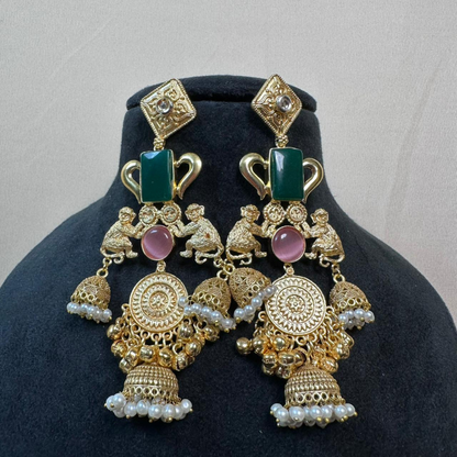 Banarashe Temple Heritage Earrings Green & Pink Gemstone Brass Danglers