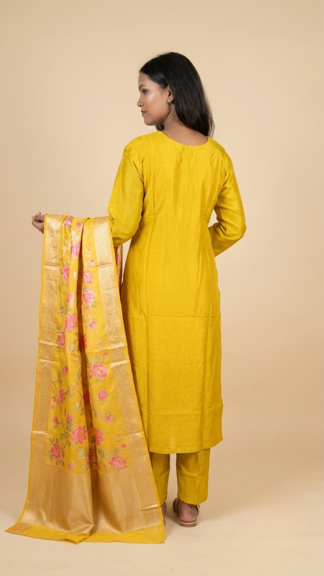 Premium Bright Yellow Embroidered Straight Kurta With Floral Dupatta Set