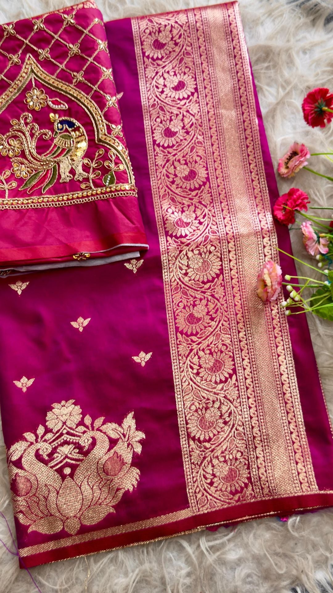 Rani Pink Paithani Silk Saree with Peacock Motifs & Aari Blouse