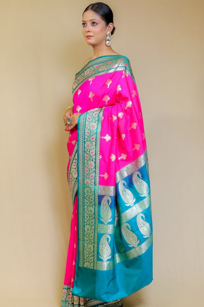 Banarashe Rani Pink & Peacock Blue Designer Banarasi Kataan Satian Silk Saree