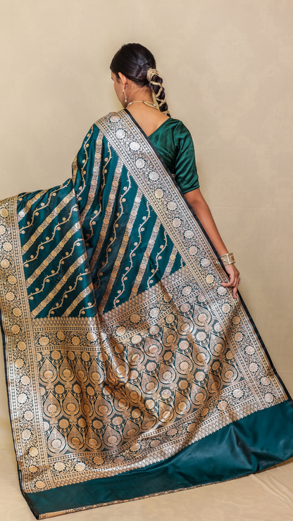 Exquisite Banarashe Katan Silk Saree in Peacock Teal with Intricate Zari Work