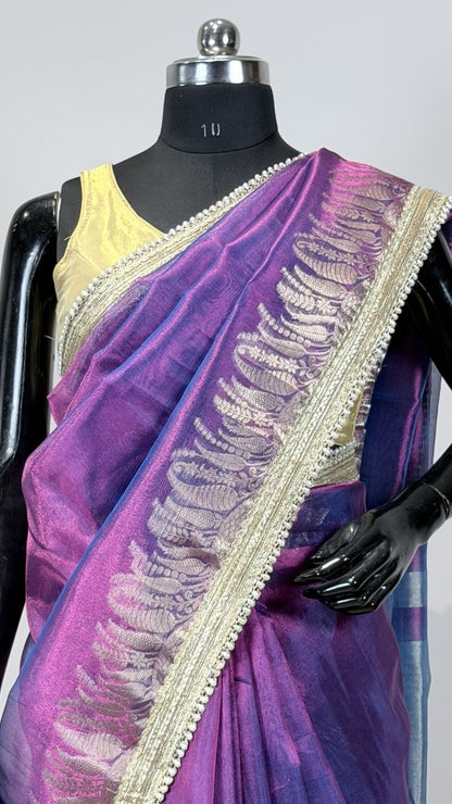 Purple Tissue Saree with Rich Zari Border & Moti Lace
