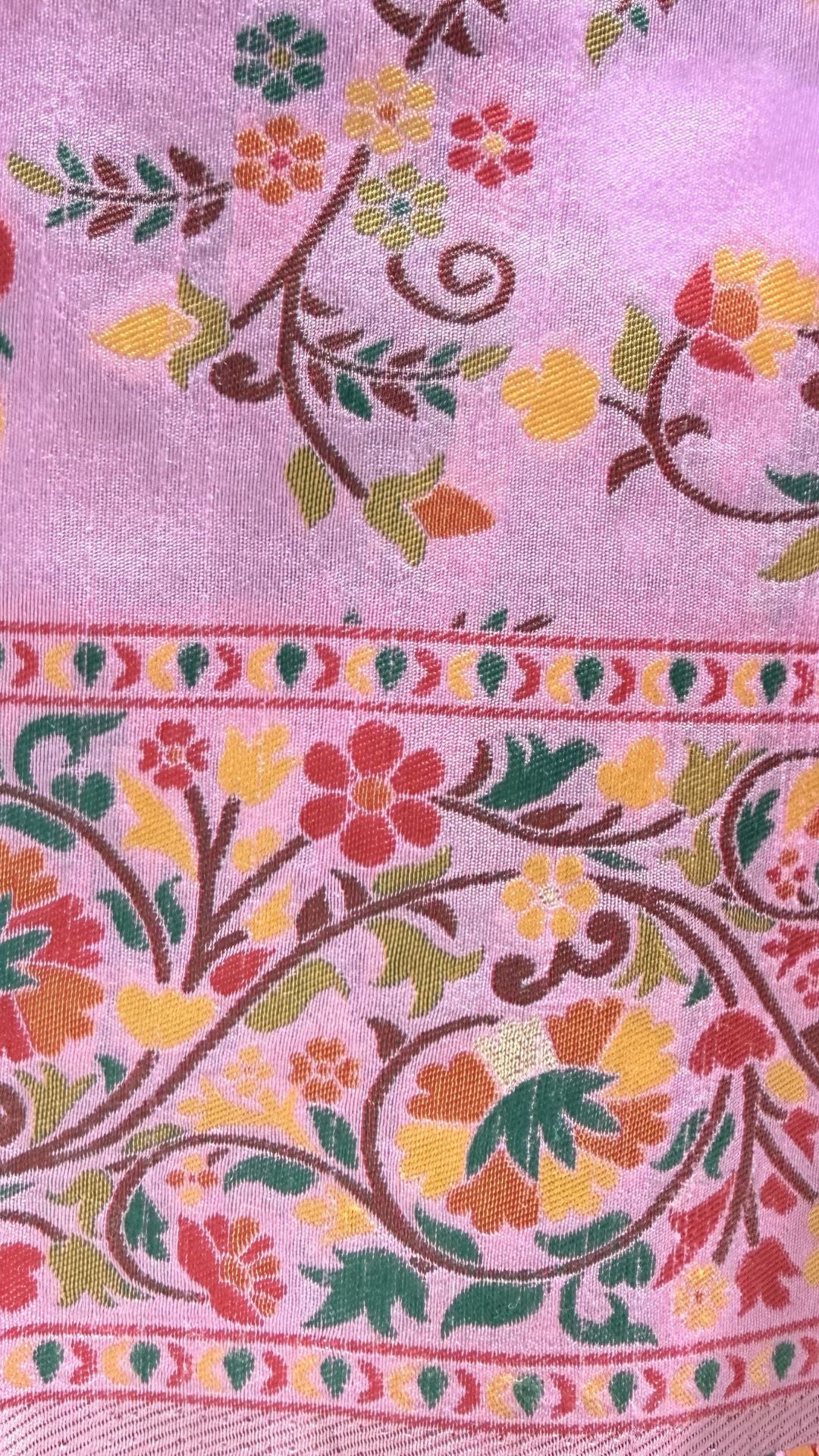 Lavender Banarasi Cotton Saree with Floral Meenakari Weaving