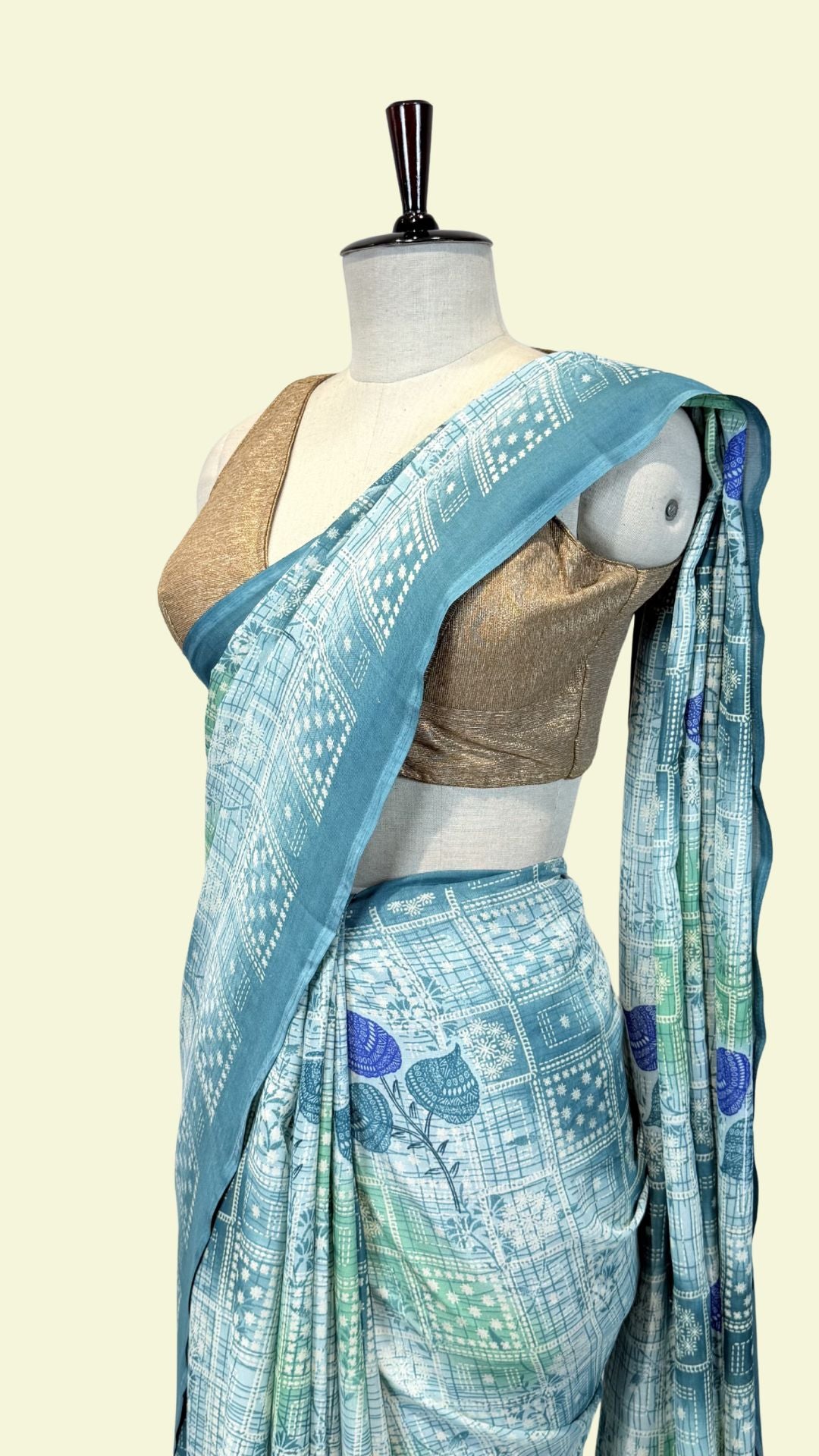 Floral Teal Geometric Synthetic Saree