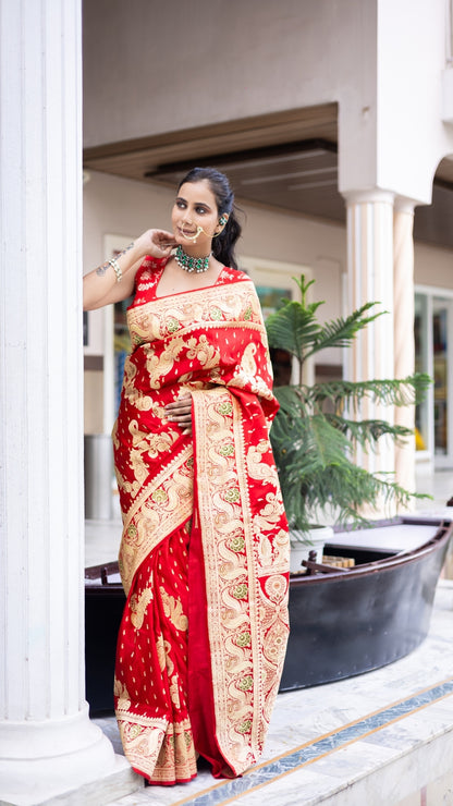 Bridal Blaze Red Banarasi Saree with Gold Woven Motifs