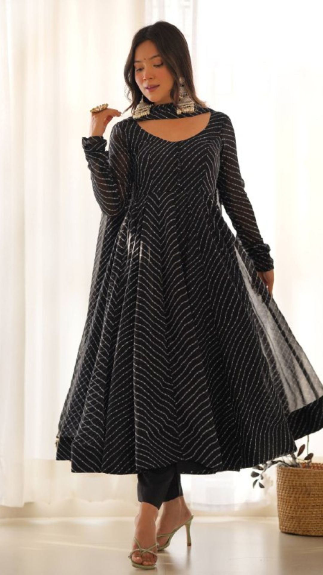 Black Laheriya Anarkali Suit Set with Dupatta