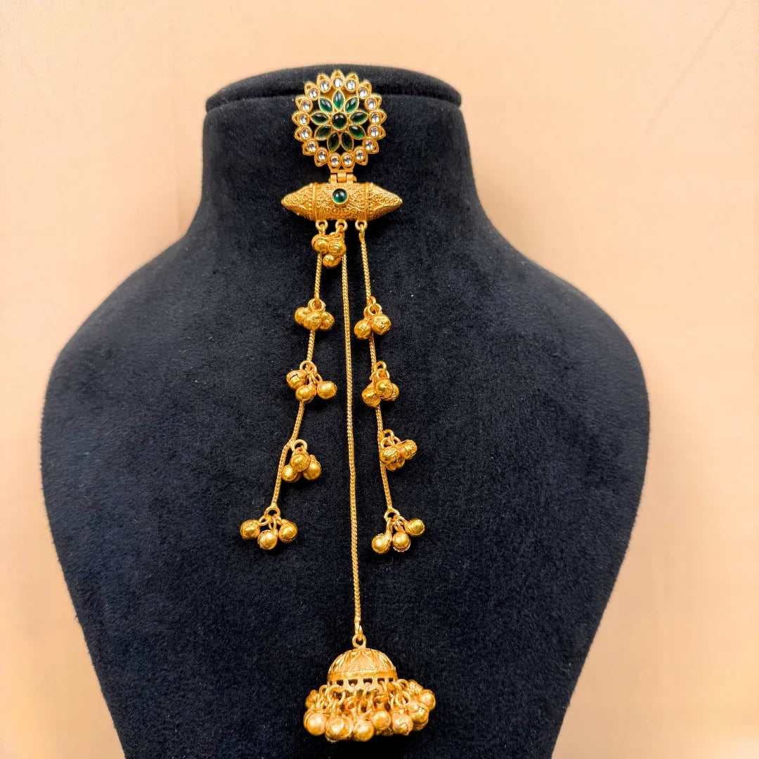 Gold Plated Jhumka Earrings with Green Stone