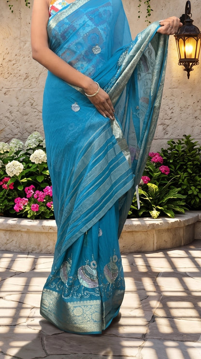 The Royal Teal Blue Embroidered Soft Saree