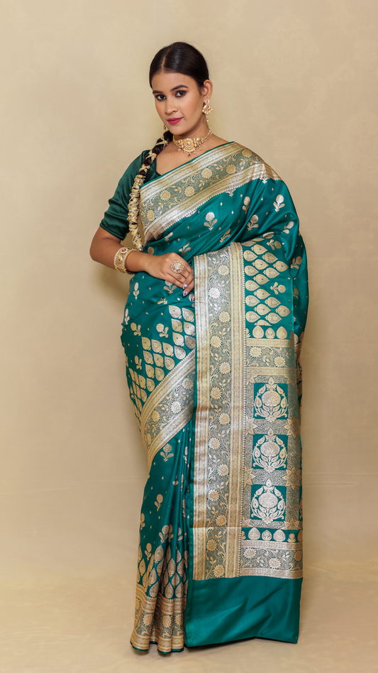 Deep bluish-green Banarasi Katan Silk Saree